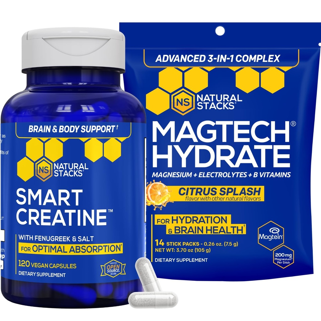 NATURAL STACKS 크레아틴 Monohydrate & Magtech Hydrate 뭉치 - 봉사 당 2500mg 크레아틴 + 200mg 성분 마그네슘 - 지원 Hydration, 뇌 건강 & 내구시간 - 44 총 서빙