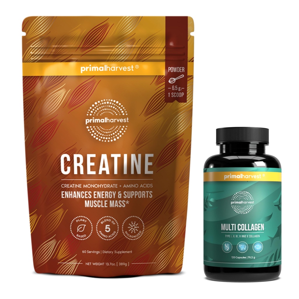 Primal Creatine Powder + Primal Multi Collagen 캡슐 번들 | 2-Pack | 지원 힘, 회복, 관절 및 피부 건강 | 30 인분 각