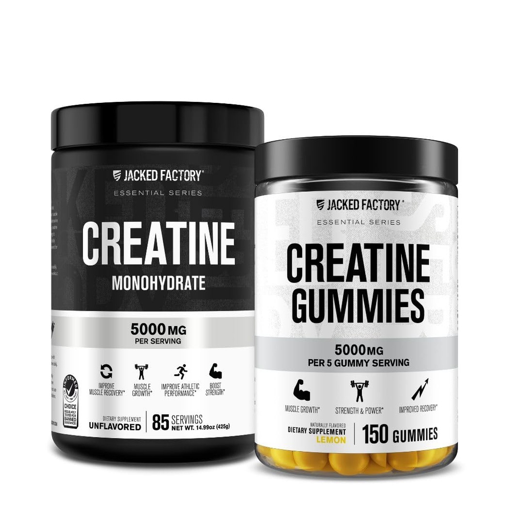 Jacked Factory Creatine Monohydrate Gummies (150 Gummies, 레몬) & Creatine Monohydrate 분말 (85의 서빙, Unflavored)