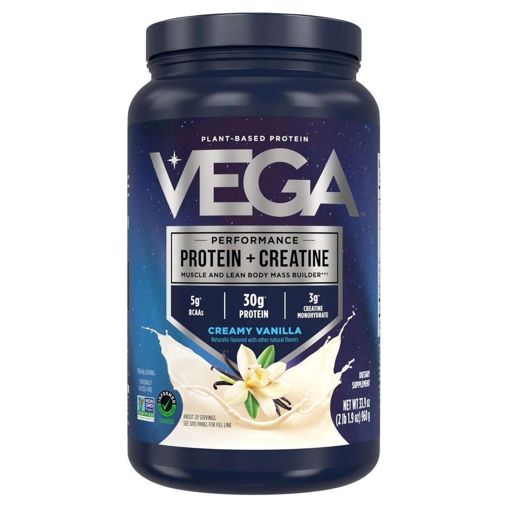Vega Protein + Creatine - 30g 식물 기반 단백질, 바닐라, 20 서빙, 3g Creatine, 5g BCAAs, Vegan, Keto, Gluten Free, Dairy Free, 근육 성장 및 수리, 음료 혼합, 33.9oz