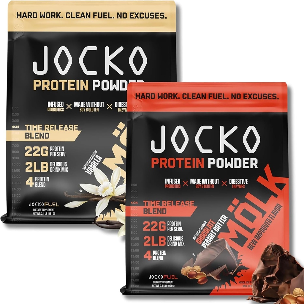 Jocko 연료 단백질 번들 (2 팩) - 초콜릿 땅콩 버터 (2lb) + 바닐라 (2lb) - 근육 회복 및 성장 지원