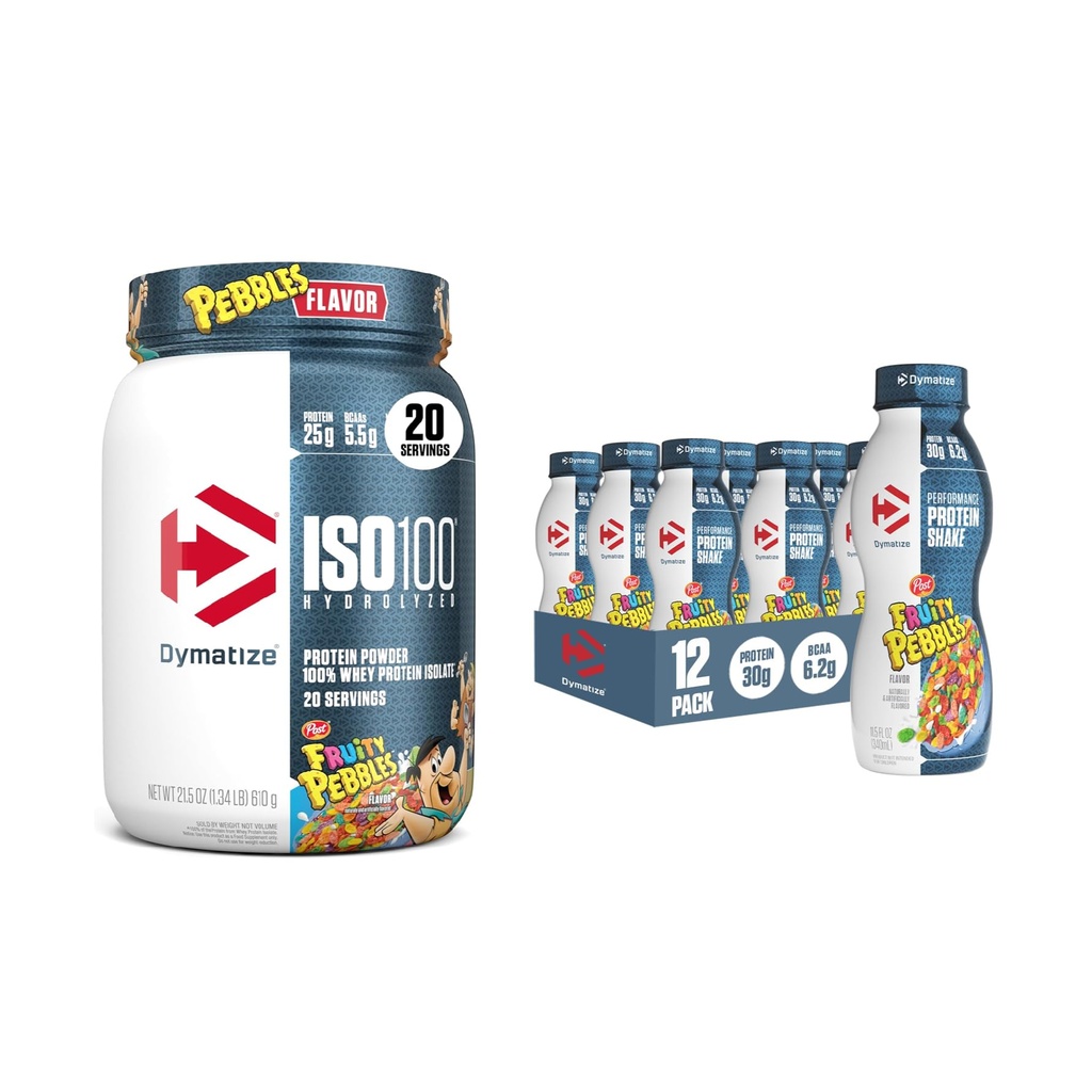 Dymatize 성능 Protein Shake, Fruity Pebbles (12 팩) + ISO100 Whey Protein Powder Isolate, Fruity Pebbles (20 서빙)의 번들