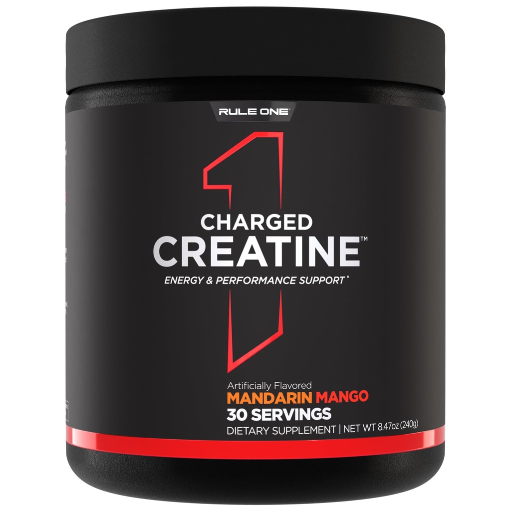 Rule 1 Proteins Charged Creatine - Creatine, Electrolyte 및 Intensity, Performance, & Hydration Support (30 서빙, Mandarin Mango)에 대한 에너지 혼합과 다기능 운동 보충