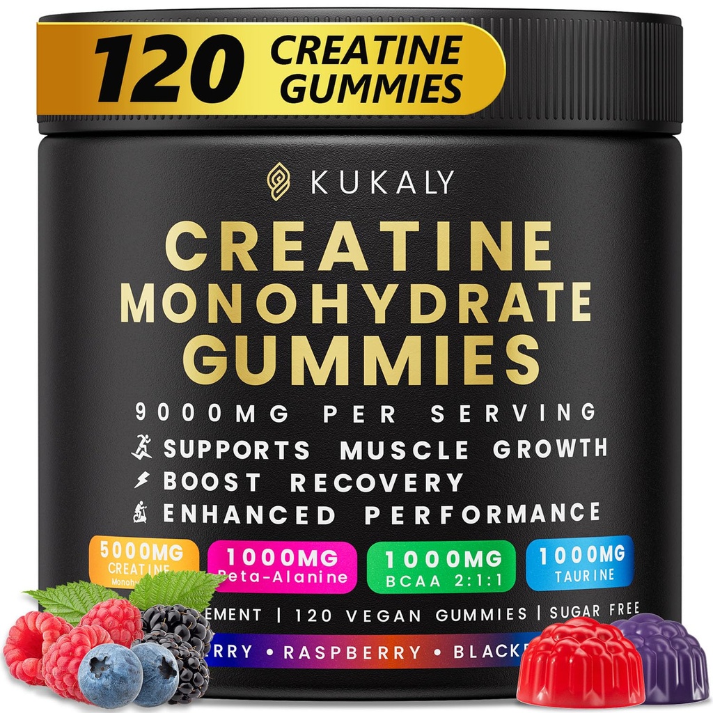 남자 & 여자를 위한 KUKALY 크레아틴 Monohydrate Gummies, 9000MG 크레아틴 Gummies 설탕 무료 - L-Taurine, BCAA 2:1, B12 B6, Boost 힘, 초점 & 내구시간, 채식주의자, 비 GMO, 120pcs로 맛을 내는 혼합