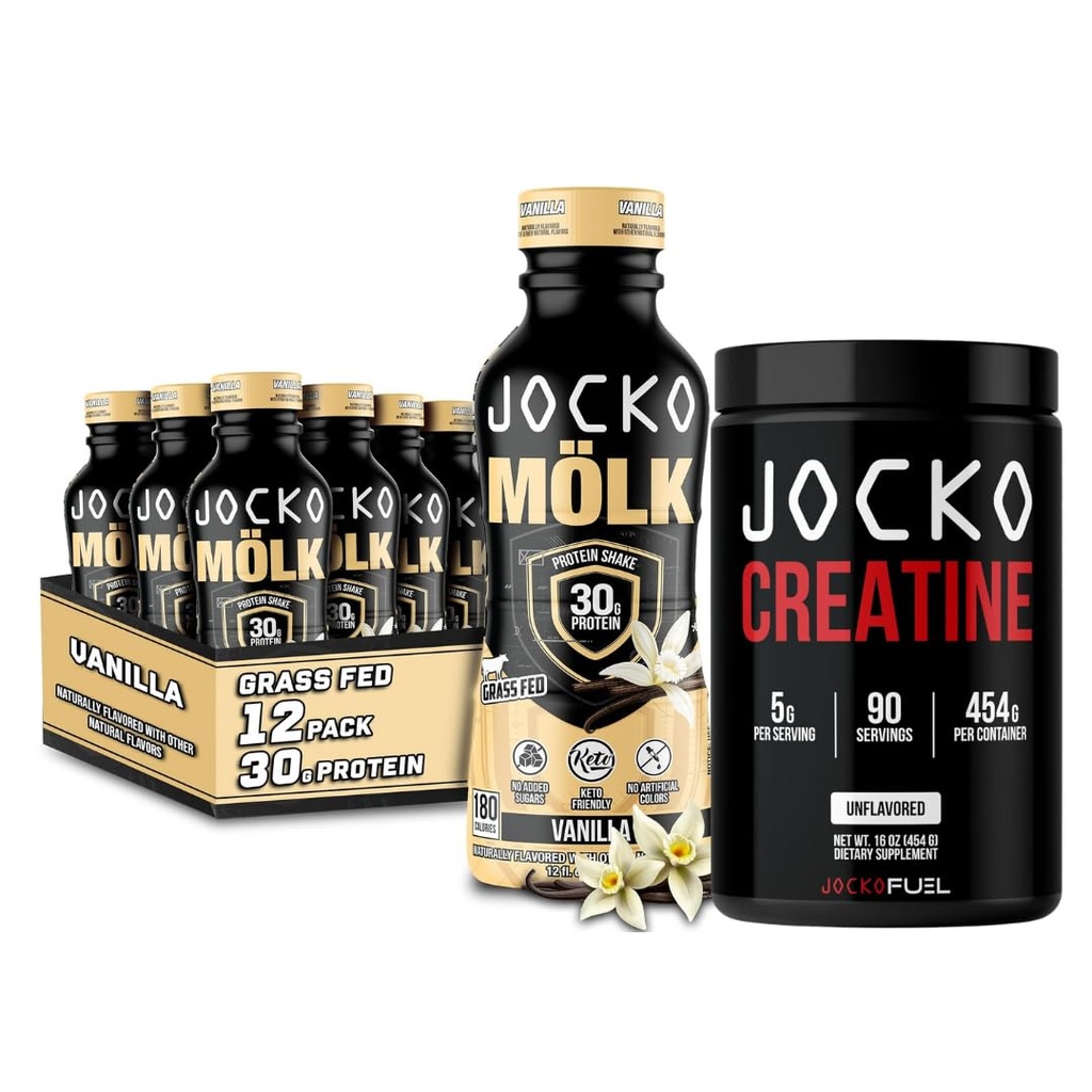 Jocko Mölk Grass Fed Protein Shakes - 음료 포장 (12) 바닐라 + Jocko Creatine