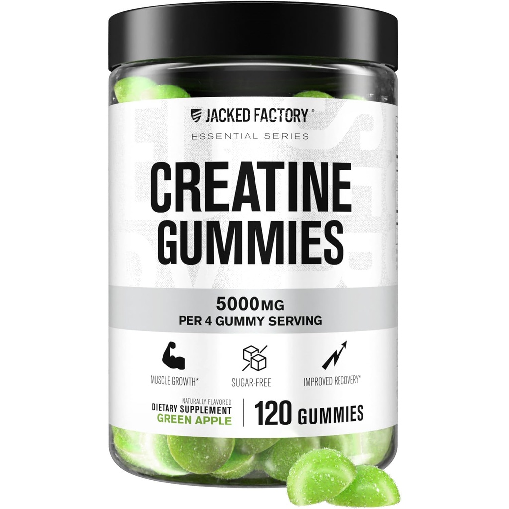 Jacked Factory Sugar Free Creatine Gummies - 5g Daily Dose (Gummy 당 1.25g) - Creatine Gummy Sugar 남성과 여성을위한 무료, Vegan-Friendly, Third-Party Tested - 120 Gummies, Green Apple