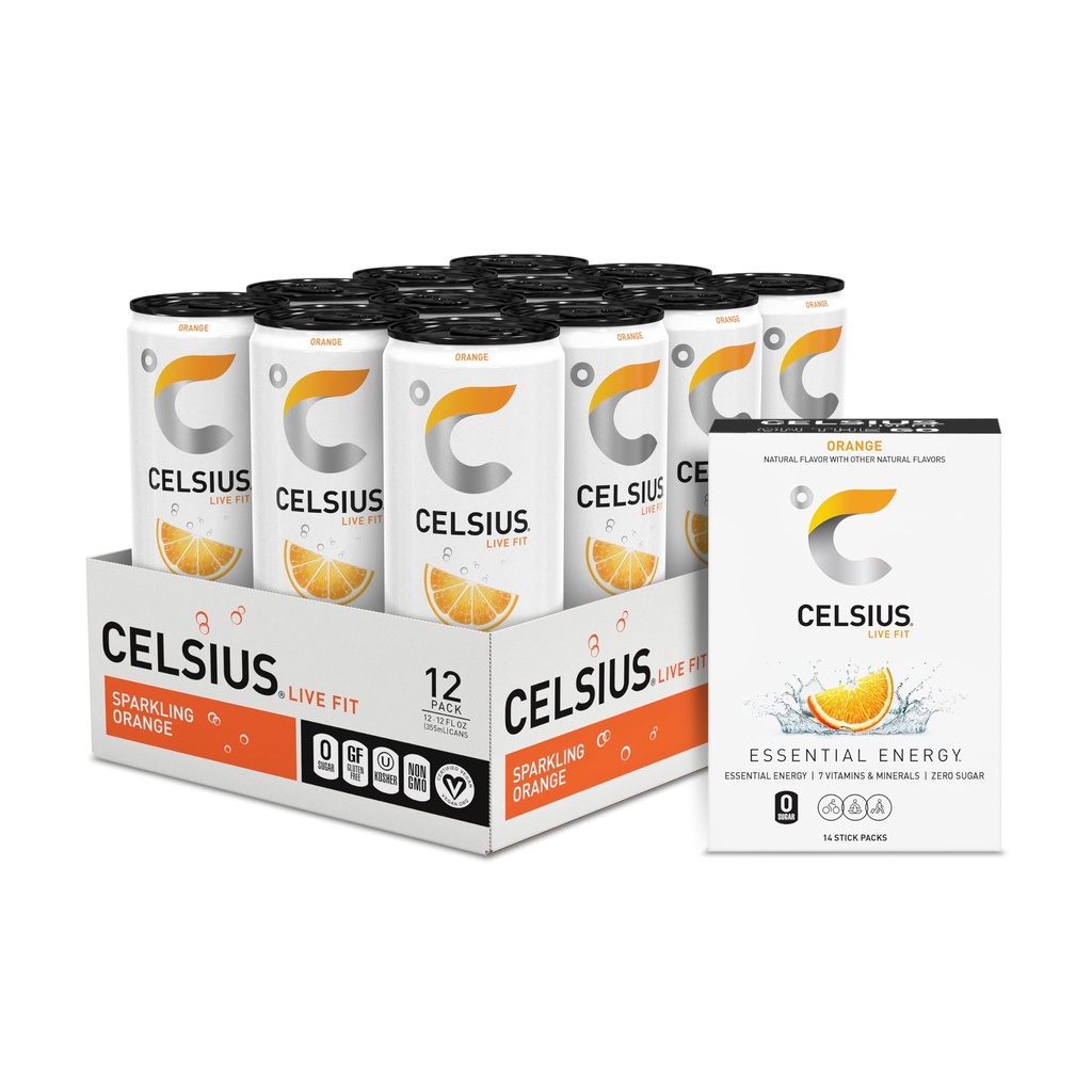 CELSIUS® Zero Sugar 에너지 음료 및 파우더 스틱 번들, 오렌지