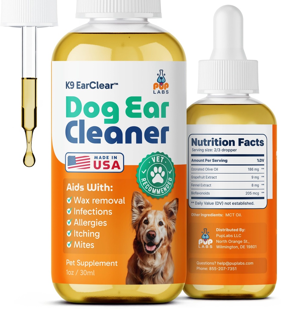 Pup Labs Ear Clear, 개 귀 클리너 및 감염 치료, 이싱, Irritation, & Wax Build-Up, 1 oz Bottle with Dropper