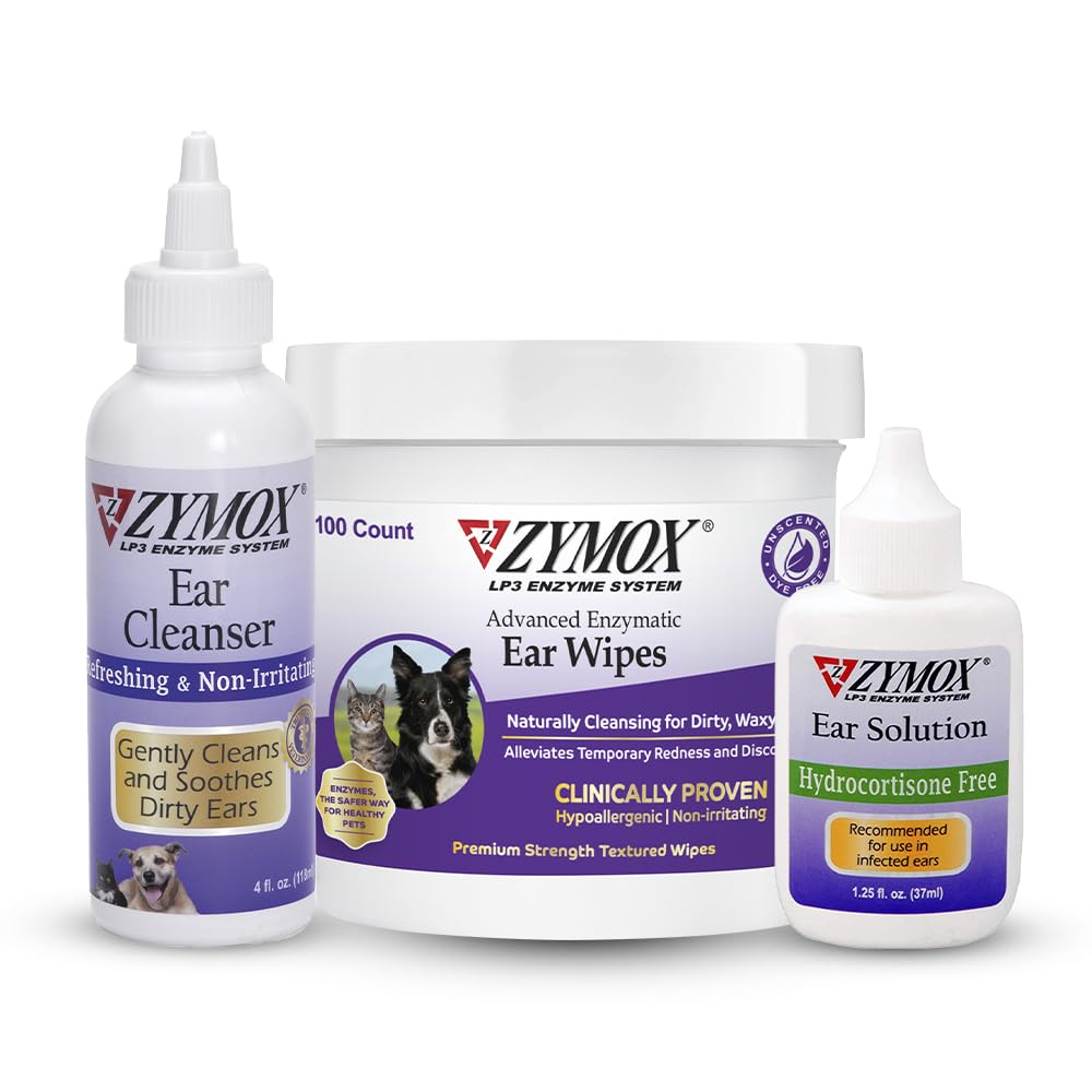 Zymox Enzymatic Ear Wipes, Ear Cleanser, & Dogs 및 Cats 용 Hydrocortisone없이 귀 솔루션 - 제품 번들 - 더러운 왁스, Smelly Ears 및 Soothe Ear Infections에 대한