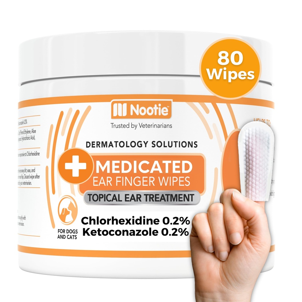 Nootie Medicated Ear Finger Wipes with Chlorhexidine for Dogs, Gentle Dog Ear Cleaning Wipes for Itchy, Sensitive Ears - 왁스 제거, 먼지 빌더, & 냄새 80 Wipes - 미국에서 만든