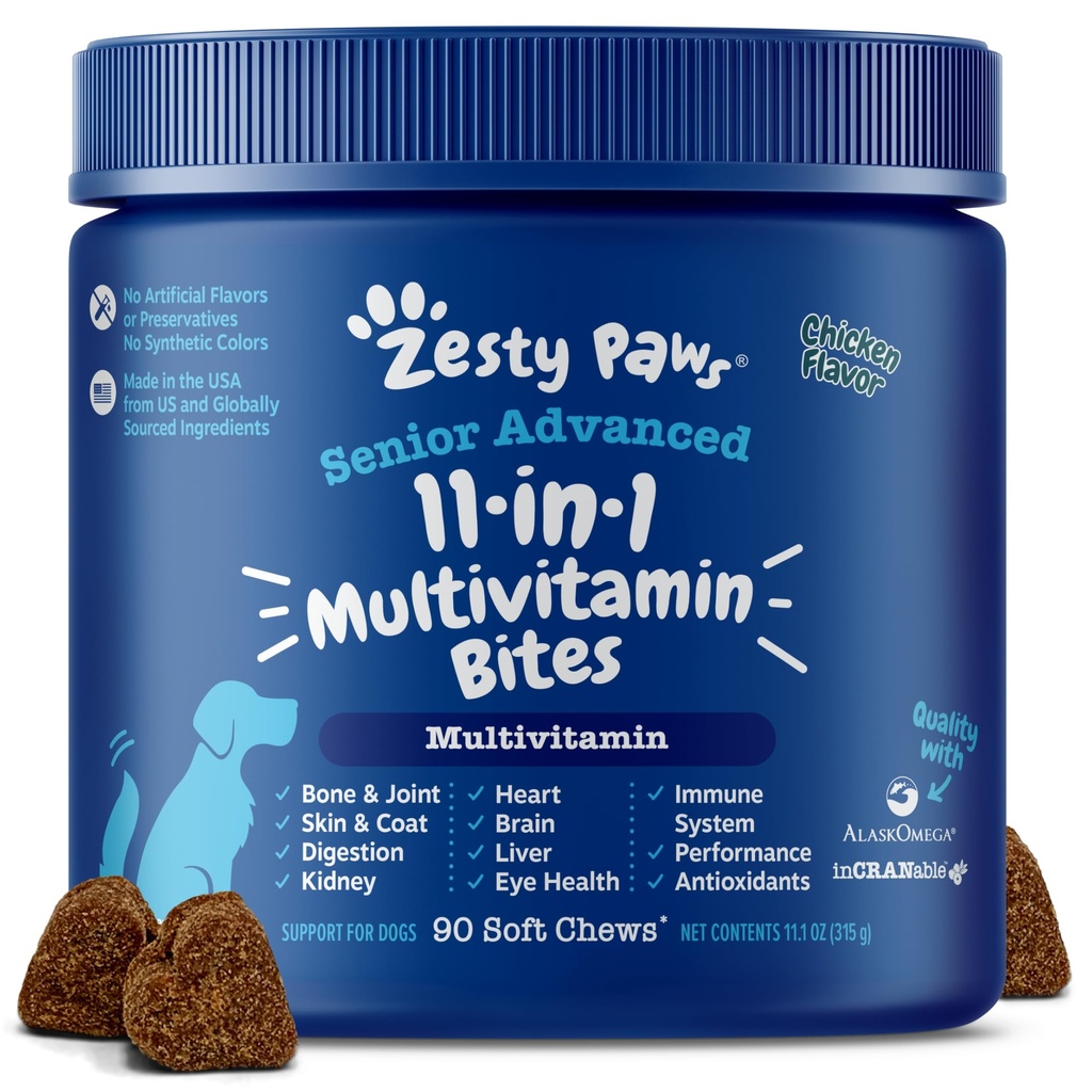 Zesty Paws Senior Dog Multivitamin Treats - 개를위한 글루코사민 + 소화 효소 & 프로바이오틱스 - 곡물 무료 개 비타민 및 스킨 & 코트에 대한 보충 + 면역 건강 닭 - 고급 - 90ct