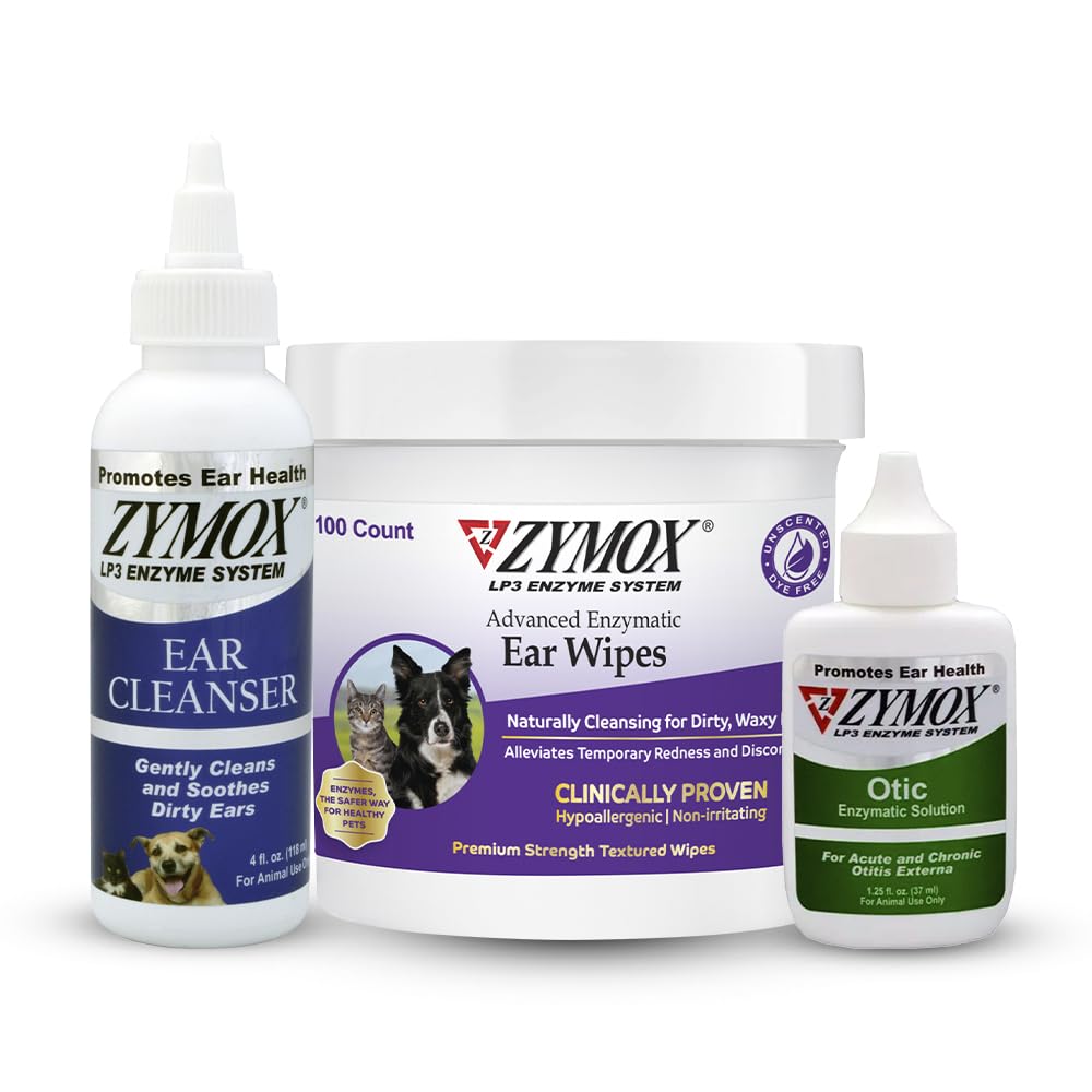 PET KING BRANDS ZYMOX 효소 귀 닦음, 귀 세척제, & 개와 고양이를위한 타원형 귀 솔루션 - 제품 번들 - 더러운, 왁스, Smelly 귀 및 Soothe 귀 감염, 100ct, 4 oz 및 1.25 oz