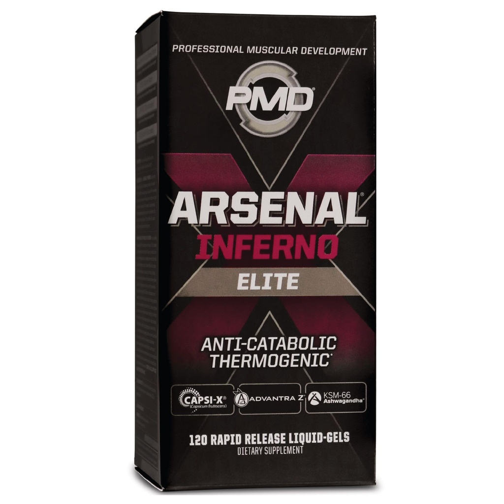 PMD Sports Arsenal X Inferno Superior Fast-Acting Liquid Gel Thermogenic Dietary Supplement - 지방 버너 및 근육 유지 보수 - 증가 대사 및 에너지 부스터 - 120 액체 젤