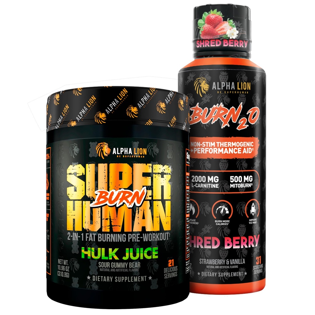 ALPHA LION Stubborn 뚱뚱한 손실 더미 – Superhuman 화상 전 운동 + Burn2O 액체 L Carnitine 2000mg (ShredBerry) - 2-in-1 남성 & 여성을 위한 Thermogenic 뚱뚱한 불타는 더미