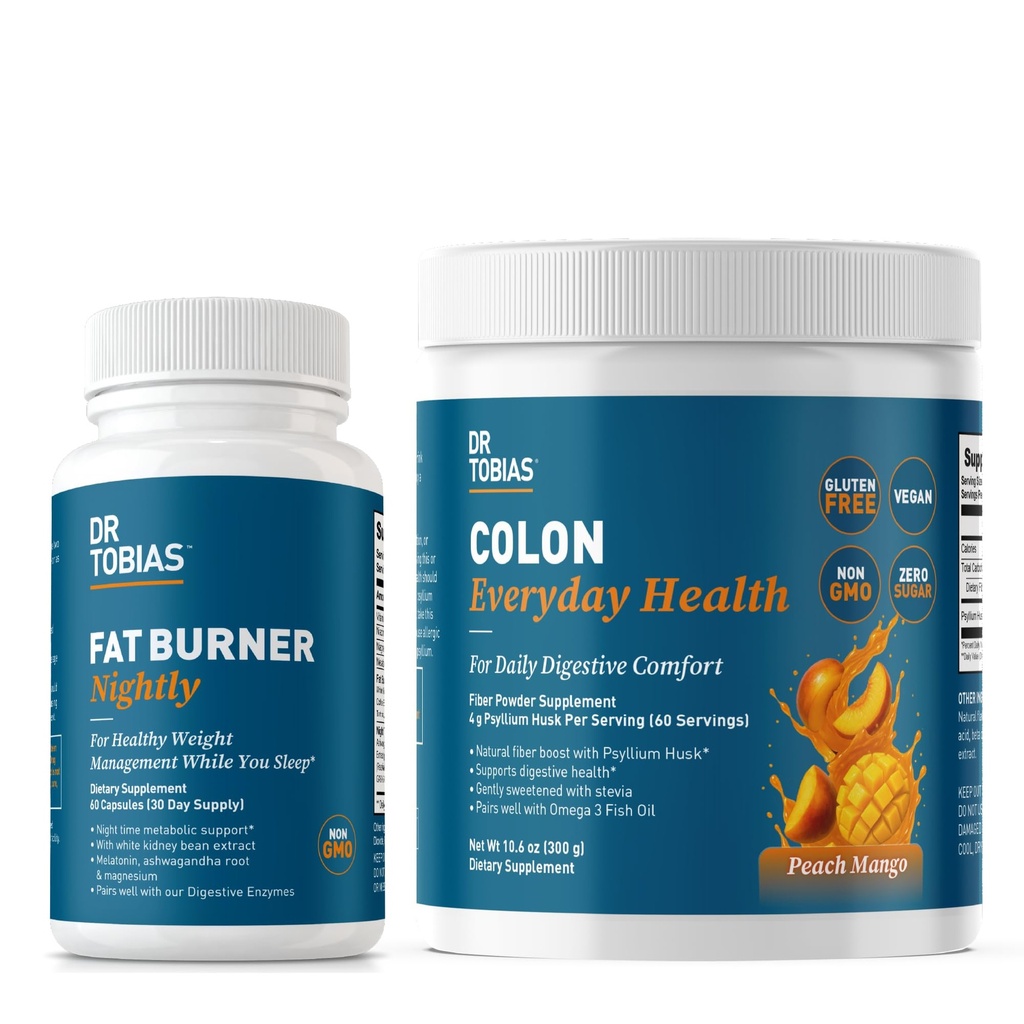 Dr. Tobias Fat Burner Nightly & Colon Everyday Health Peach Mango – 야간 메타볼리즘 지원 & 소화 건강을 위한 매일 심황 섬유 음료