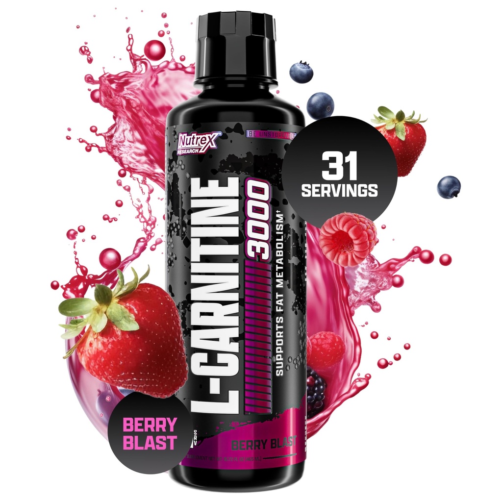 Nutrex Research L-Carnitine 3000 (31 서빙, 베리 폭발) | 액체 샷, 자극제 무료 | 남성과 여성을위한 근육 회복 지원