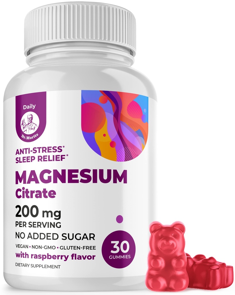 DR. MORITZ 마그네슘은 성인을위한 구미 - Sugar-Free Calm Magnesium Gummies - 심혈관 건강 - 라즈베리 맛 지원 - 비 GMO, 200 mg (30 카운트)