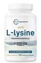 Pure L-Lysine 2,000mg, 300 Veggie 캡슐 | 최대 효능, 쉽게 흡수, 무료 양식 | Collagen, Lip, & Immune 지원을위한 필수 아미노산 | 필러없이 깨끗한 재료