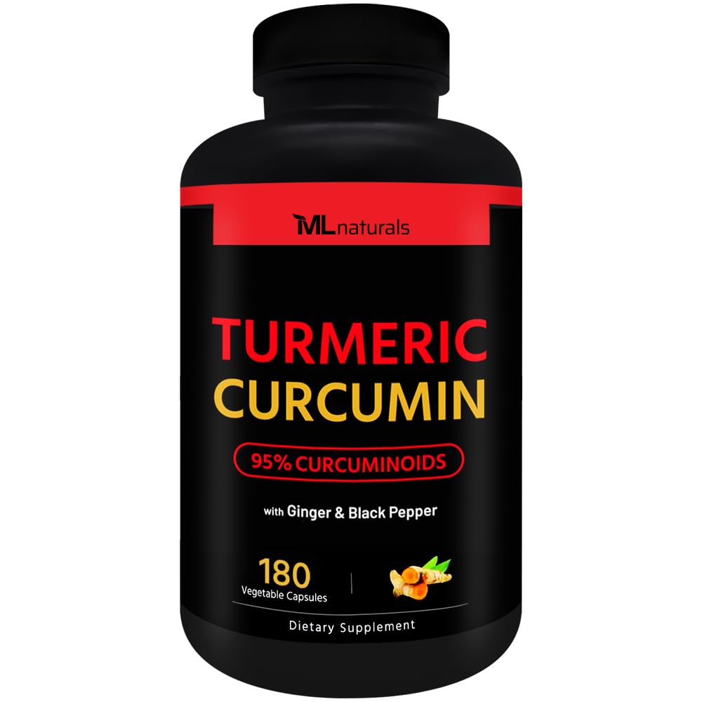 ML Naturals Organic Turmeric Curcumin - 1,800mg, 뿌리 추출물 300mg - 120mg 유기농 생강 및 15mg 검은 후추 (포장 당) - 180 식물성 캡슐 - Non-GMO