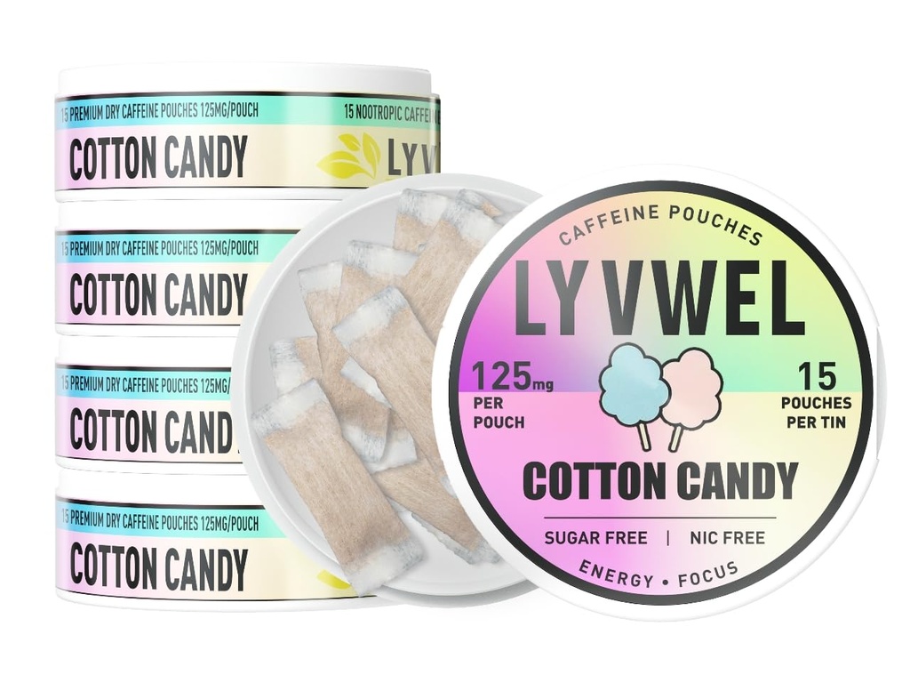 LyvWel 125mg 카페인 에너지 파우치 - 초점 및 체력을위한 Guarana와 청정 에너지 - 5-Pack (75 총 파우치) (5 팩, 코튼 캔디)