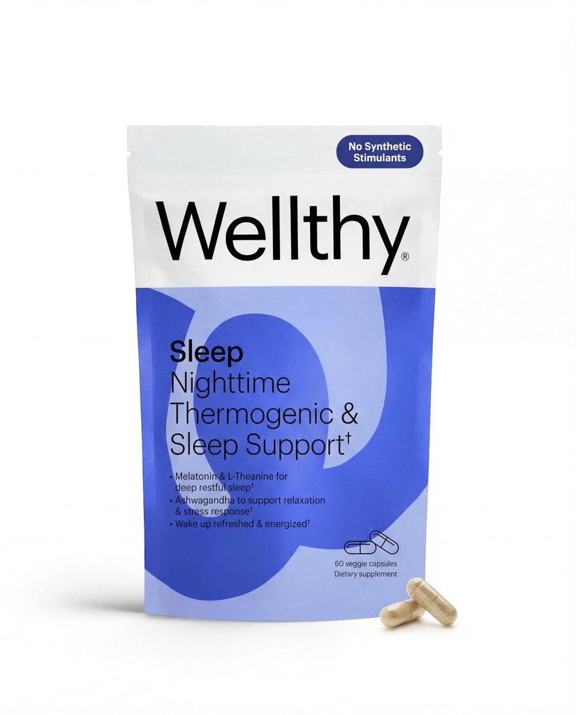Wellthy Night Time Thermogenic - 비타민 B6, Ashwagandha & Melatonin - 여성을위한 야간 열 발생 - Belly Thermogenic - 여성, 60ct을위한 천연 체중 감량 보충제
