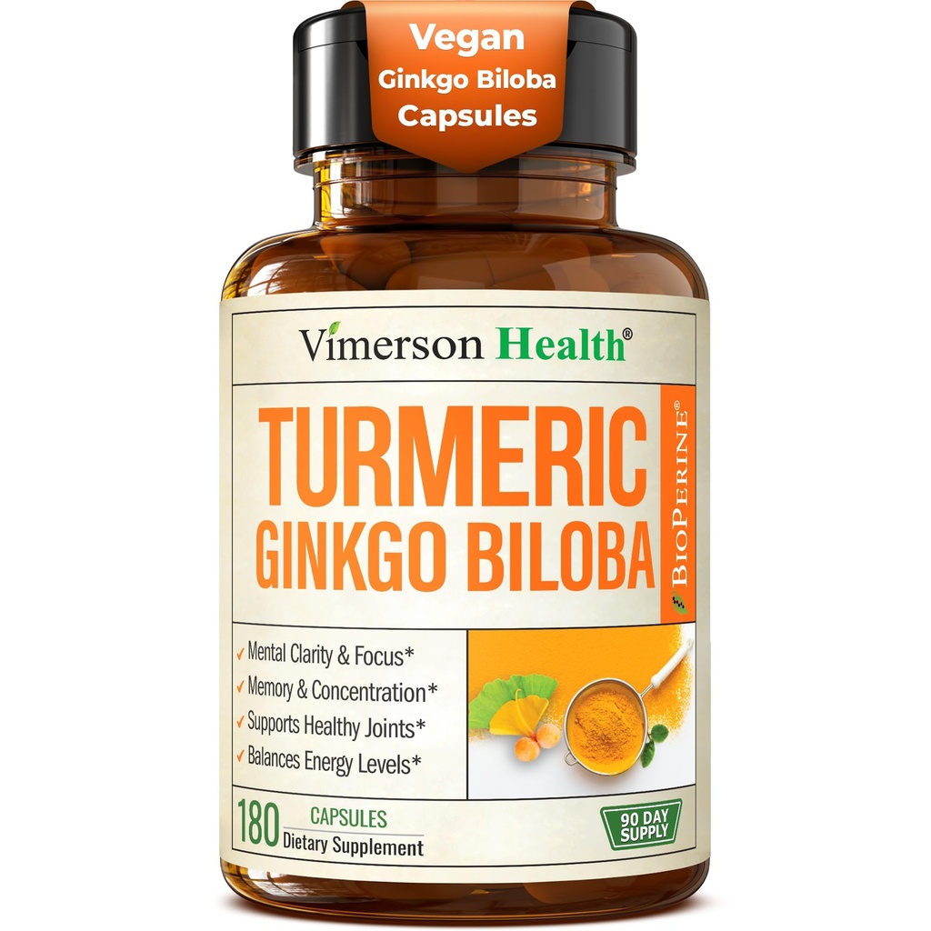 높은 흡수를 위한 Turmeric Curcumin와 까만 고추를 가진 Ginkgo Biloba 보충교재 - 초점, 기억 지원, 합동 & 두뇌 건강을 위한 Curcuma를 가진 Ginko Biloba 캡슐 - NonGMO - 180 Vegan 캡슐