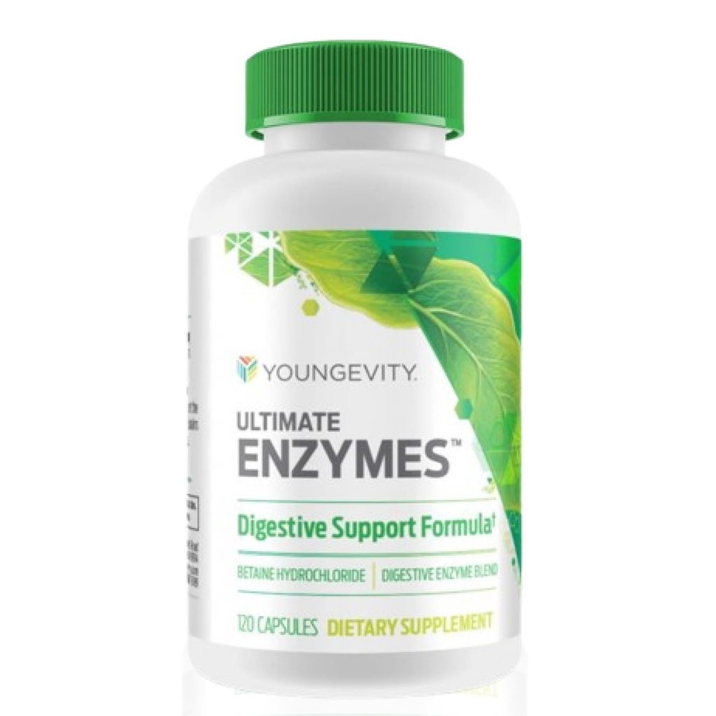 Youngevity Ultimate Enzymes® - 소화, 가스 및 Bloating 완화를위한 멀티 효소 - Betaine HCl, Ox Bile, Pancreatine 10X, Papain 6M, Pepsin 1 : 3000 (120 캡슐)
