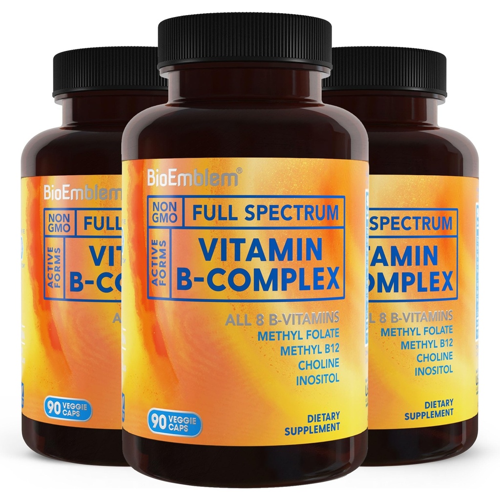 BioEmblem B Complex Vitamins | Active Methylated Form이있는 B-Vitamin 공식 | 지원 에너지, 정신 건강 | Non-GMO, Vegan, Soy-Free, 글루텐 프리 |270 캡슐