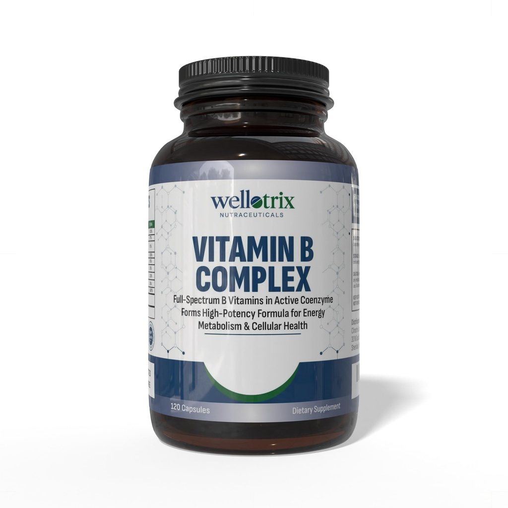 Wellotrix Advanced B-Complex - Active Coenzyme Form의 8 가지 필수 B 비타민 (B1, B2, B3, B5, B6, B7, B9, B12)의 전체 스펙트럼 - 에너지 대사 및 세포 건강 지원 - 120 캡슐