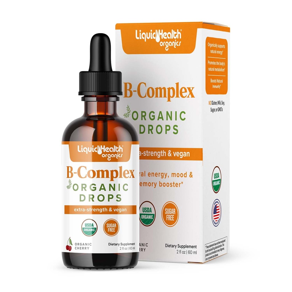 LIQUIDHEALTH USDA 유기 비타민 B Complex Drops for Men & Women - 자연 에너지, 개선된 초점, 기억 & 계류, 면역 지원, 메타볼리즘 부스트 - 미국 Made, Extra Strength, Sugar Free, Vegan (2 oz)