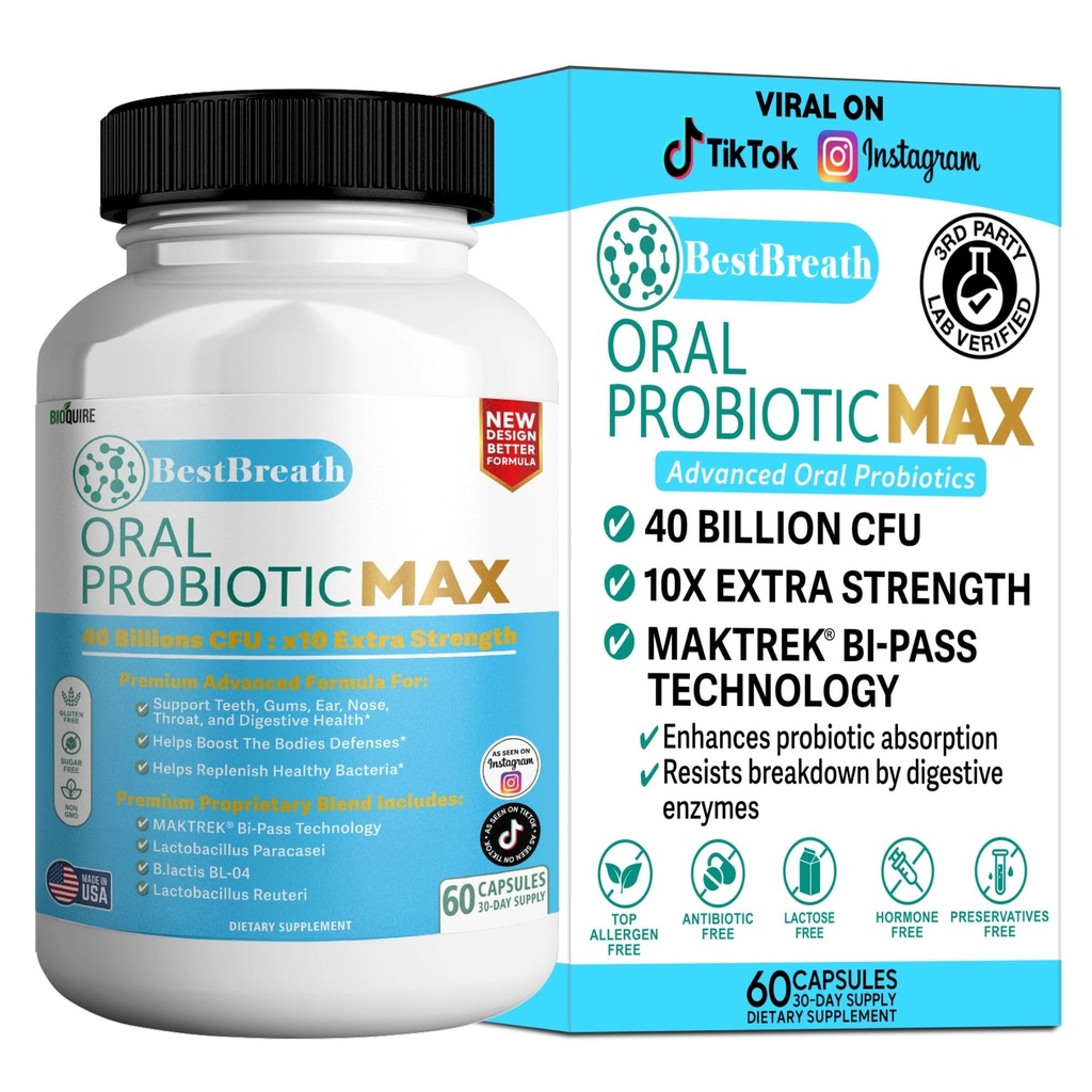 BestBreath 구두 Probiotic MAX - 40 억 CFU - Teeth, Gums, Ear, Nose, Throat & Digestive 건강 지원 - 60 캡슐 (1)