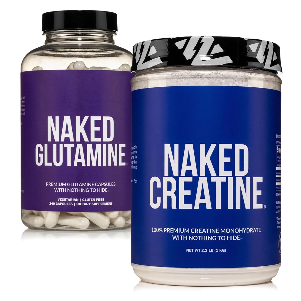 NAKED 순수한 Micronized 크레아틴 Monohydrate 200 서빙 + 순수한 L 글루타민 240 캡슐 뭉치: Vegan, 비 GMO, 글루텐은 해방합니다. 근육 고장을 최소화하고 단백질 종합을 개량하십시오. 광고 없음