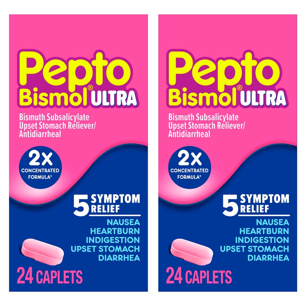 Pepto Bismol ULTRA Caplets, Upset Stomach Relief, Nausea Relief, Heartburn Relief, Indigestion Relief, 성인을위한 항 Diarrhea 약물 - 5 증상 완화, 48 ct (2x24 ct)