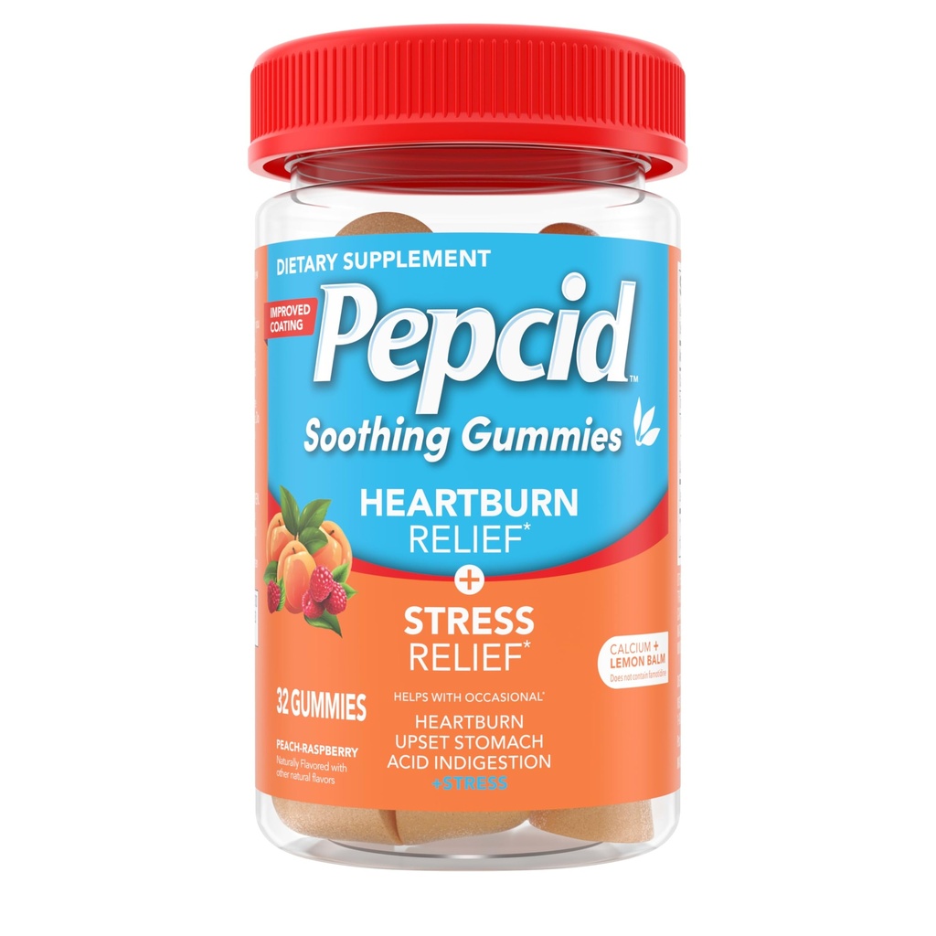 Pepcid Soothing Antacid Gummies, Heartburn Relief + Occasional Heartburn, Upset Stomach 및 Lemon Balm Extract, Tricalcium Phosphate, Peach-Raspberry, 32 ct과 함께 산성 섭취