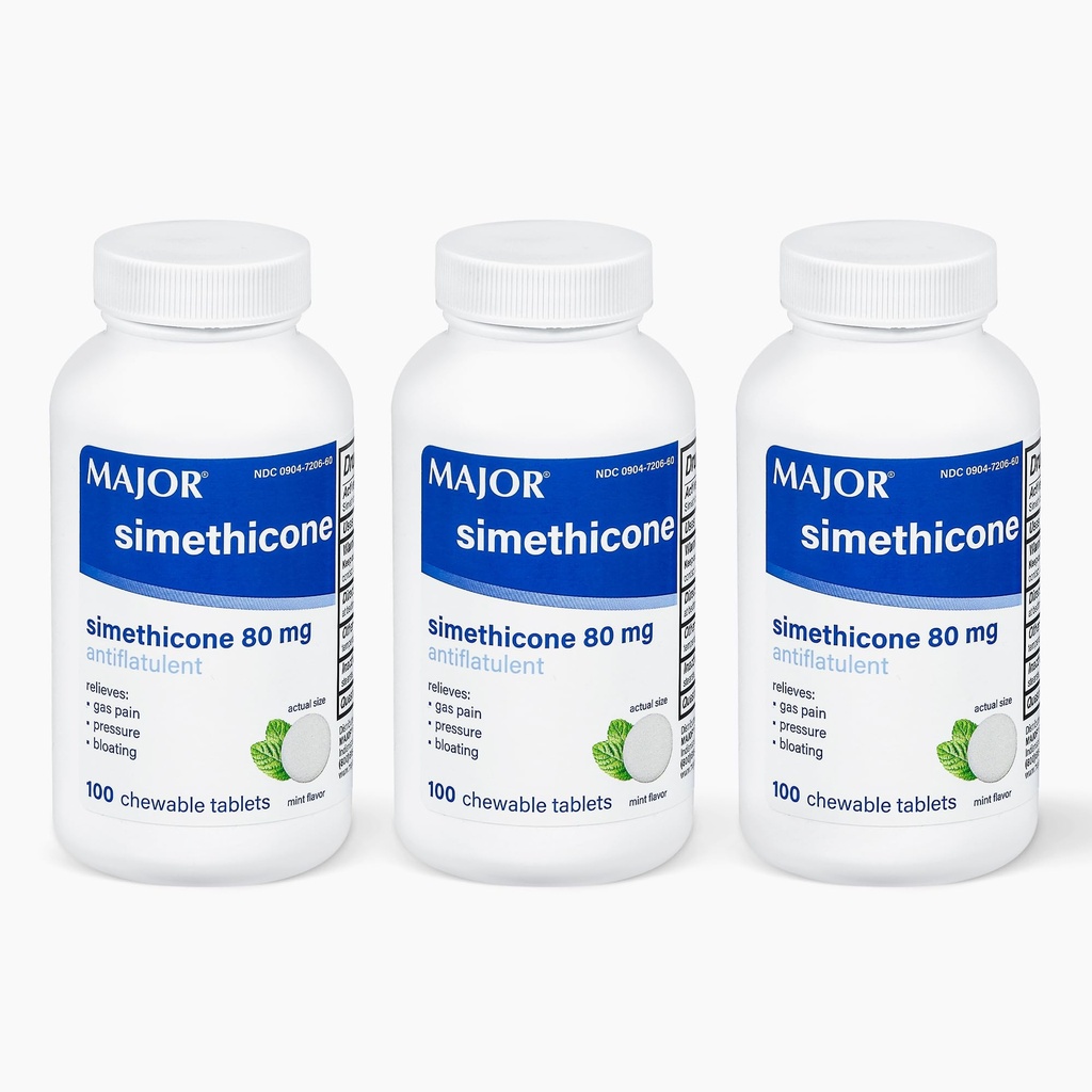 MAJOR Simethicone 가스 구호 80 mg - Anti Flatulence, Bloating and Gas Pressure Aid - 100 화학 정제 (3 팩)