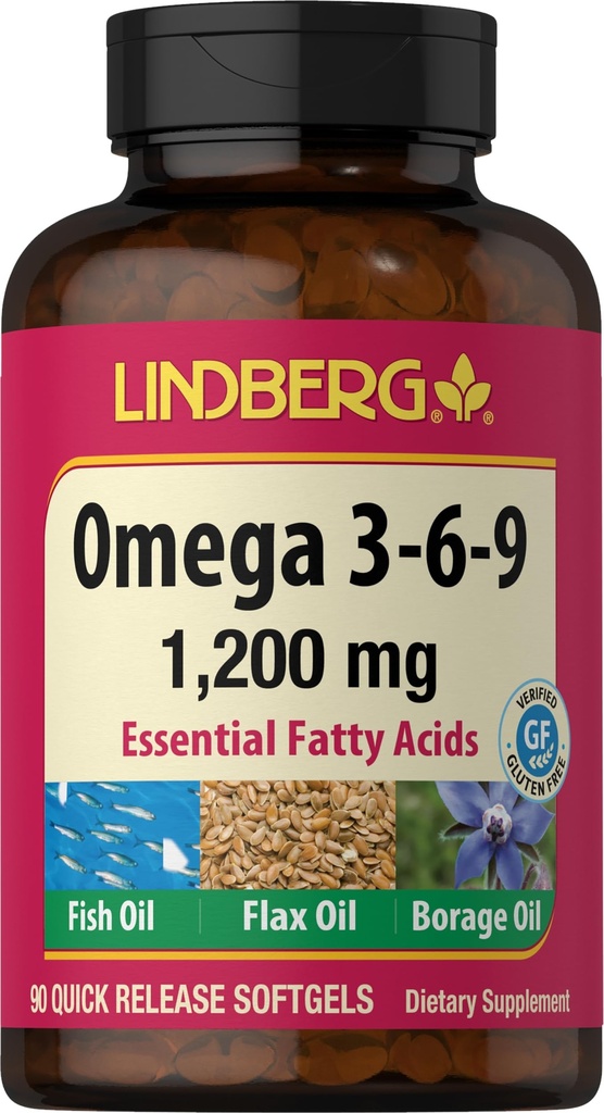 Lindberg 오메가 3 6 9 보충제 | 1200mg | 90 Softgels | Essential Fatty Acids | 생선, Flax 및 Borage Oil | Non-GMO, 글루텐 프리