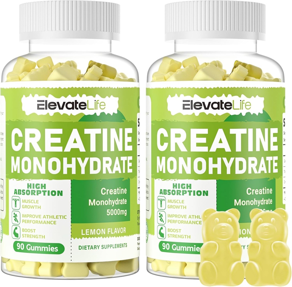 ElevateLife 크레아틴 Monohydrate Gummies 남자 여자를 위한 5g - 설탕 자유로운 Chewable 보충교재. 180 구미 레몬