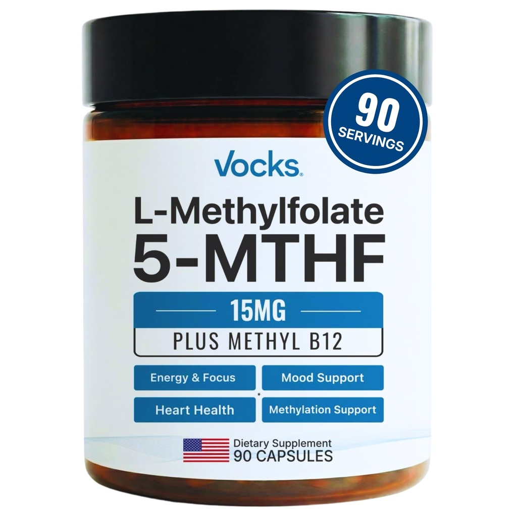 Vocks L Methylfolate 15mg 5-MTHF + 메틸 B12 | 높은 Potency Methylfolate 보충교재 | 활동적인 메틸을 꿴 Folate 비타민 B9 | MTHFR 보충교재|여성을 위한 Folate 보충교재|90의 캡슐