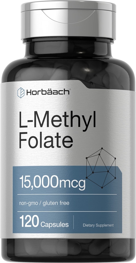 Horbäach L Methylfolate 15000 mcg | 120 캡슐 | 15mg 메틸 Folate | 5-MTHF | 비 GMO, 글루텐 무료 보충교재