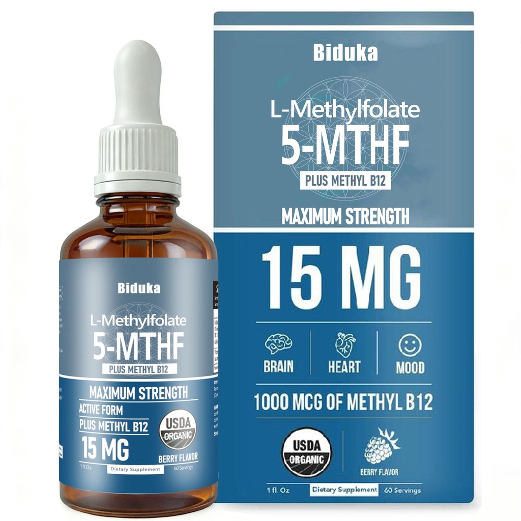유기 L Methylfolate 15 mg + 메틸 B12 1000mcg 액체 Drops-60 서빙