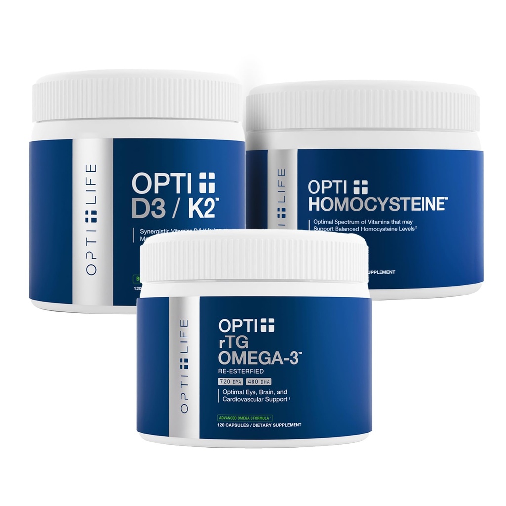 Opti+ Heart & Vascular 건강 번들 - rTG Omega-3, Homocysteine B-Vitamins & D3 K2 보충교재 장비 | 지원 심혈관 웰빙 & 건강한 시효* | 3 제품 매일 심장 지원 팩