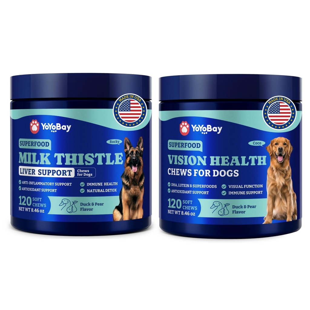 Dog Eye and Liver Wellness Bundle – Vision Support Chews with Antioxidants and Omega-3s Plus Milk Thistle Liver Detox Chews with NAC and Curcumin – 모든 Breeds의 개를위한 자연 일일 건강 지원