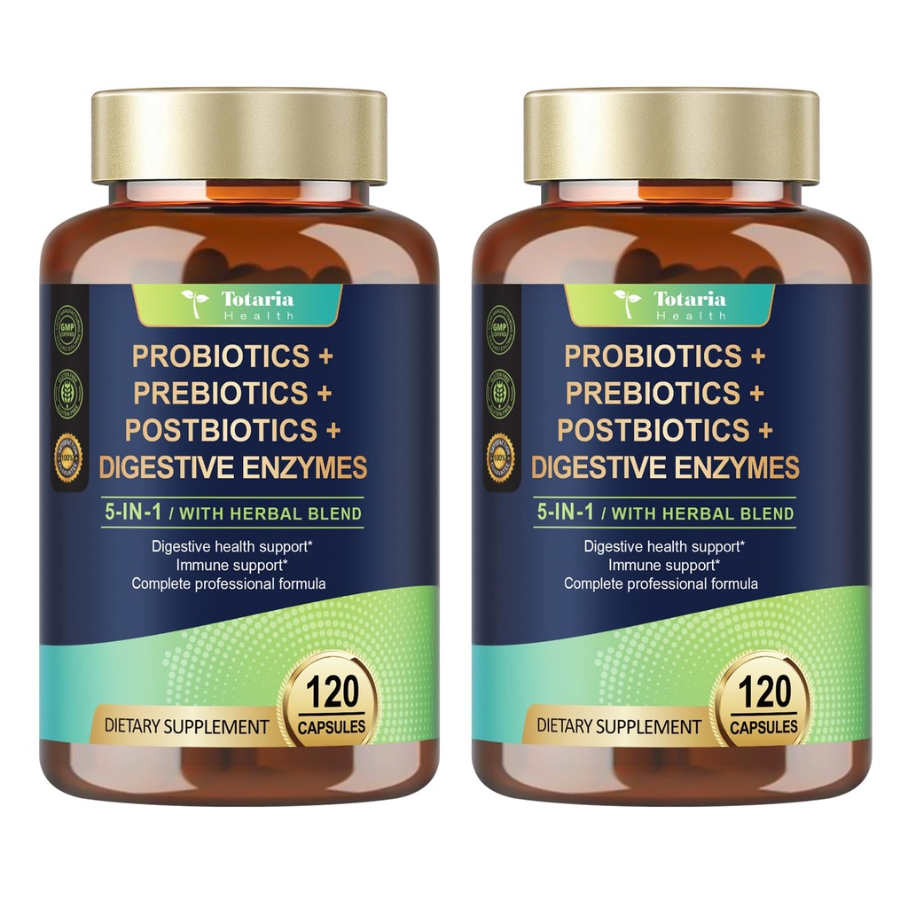 Totaria (2 팩) 5-in-1 Probiotic Prebiotic & Postbiotic for Women Men, 60 Billion CFU 24 Strains w/Digestive Enzymes, Slippery Elm, Daily Complete Gut Health, 소화 및 면역 지원
