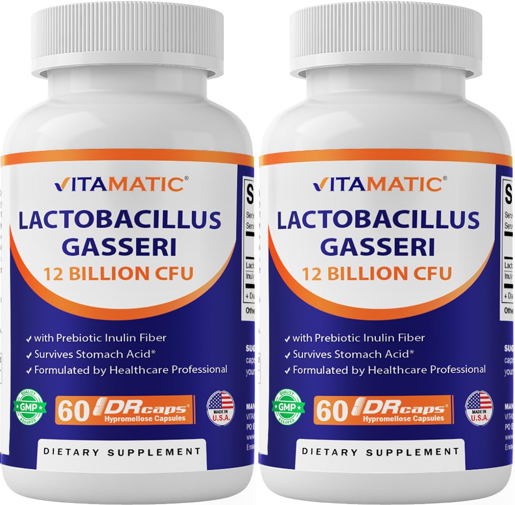 Vitamatic Lactobacillus Gasseri - DR 캡슐 당 12 억 - 60 개 - 소화 지원 - Prebiotic Inulin Fiber- 2 팩으로 제작