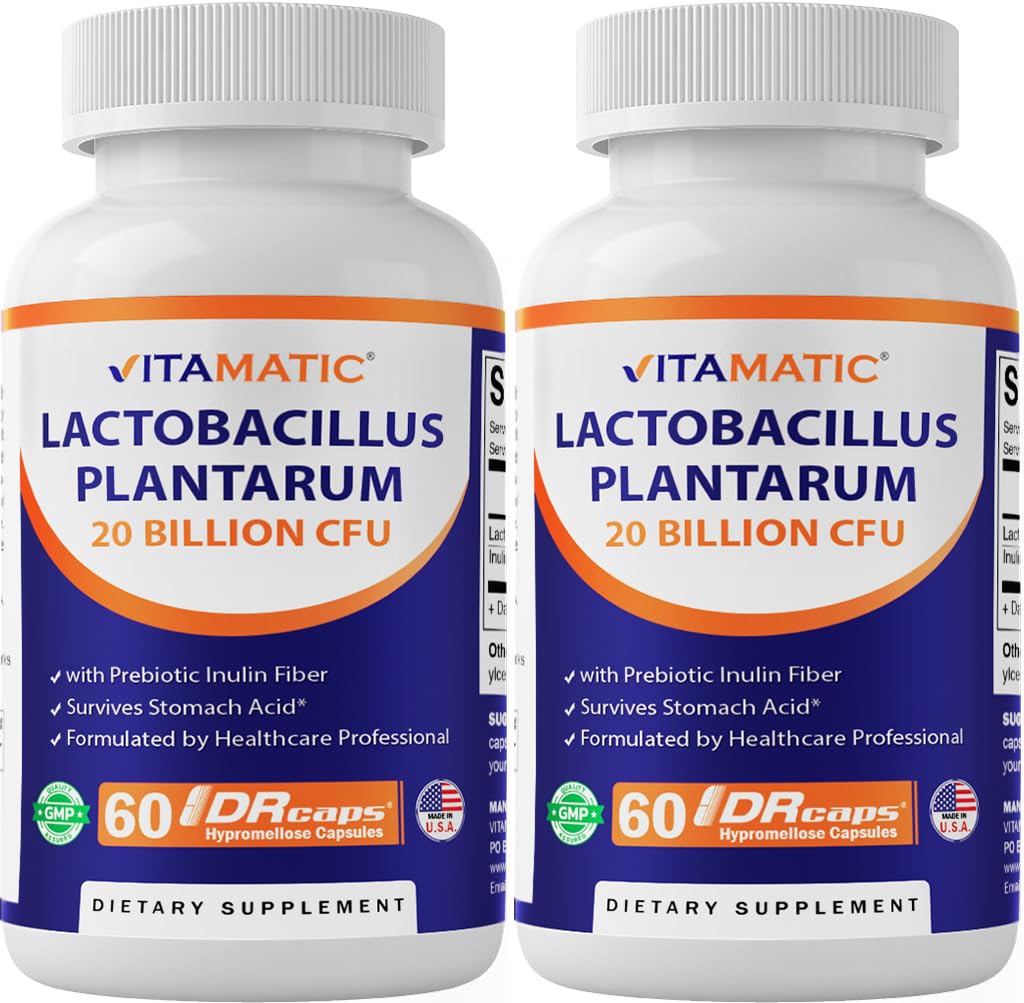 Vitamatic Lactobacillus Plantarum - DR 캡슐 당 20 억 - 60 개 - 소화 지원 - Prebiotic Inulin Fiber-2 팩으로 제작