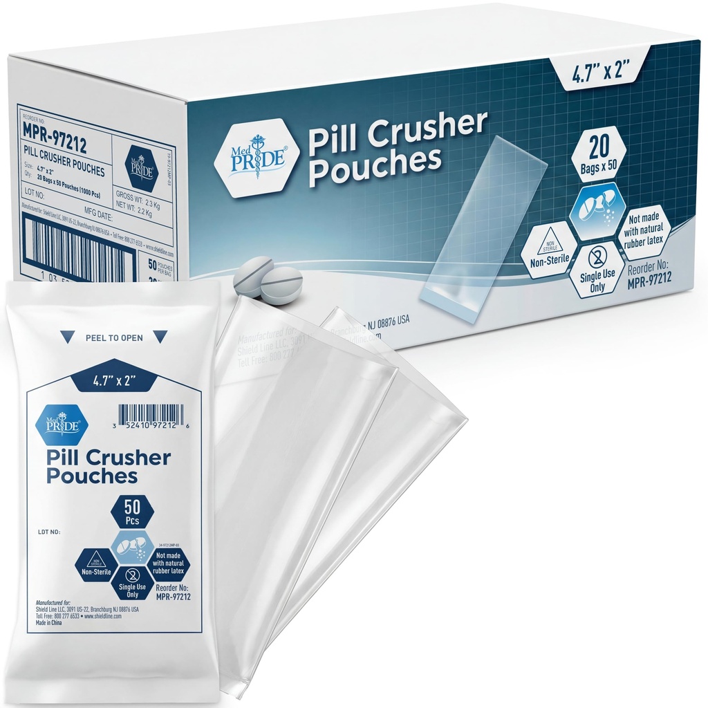 MED PRIDE Pill 크러셔 4.7 "x2" 파우치 "- 1000 일회용 의학 크러셔 팩 - Zero Waste와 쉬운 소비를위한 의료 학년 명확한 정제 분쇄 가방