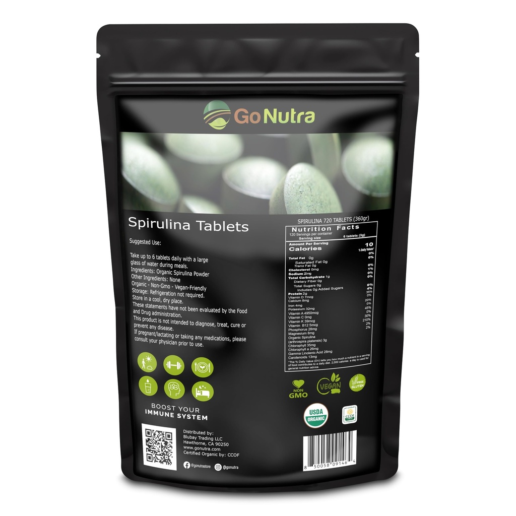 고 Nutra 유기 Spirulina 정제 | 영양성 유기 Spirulina Superfood | 단백질, 비타민, 미네랄, 섬유, 아미노산 | 필러 없음, 비 GMO, 비건 | 500 mg, 720 ct, 4 개월 공급