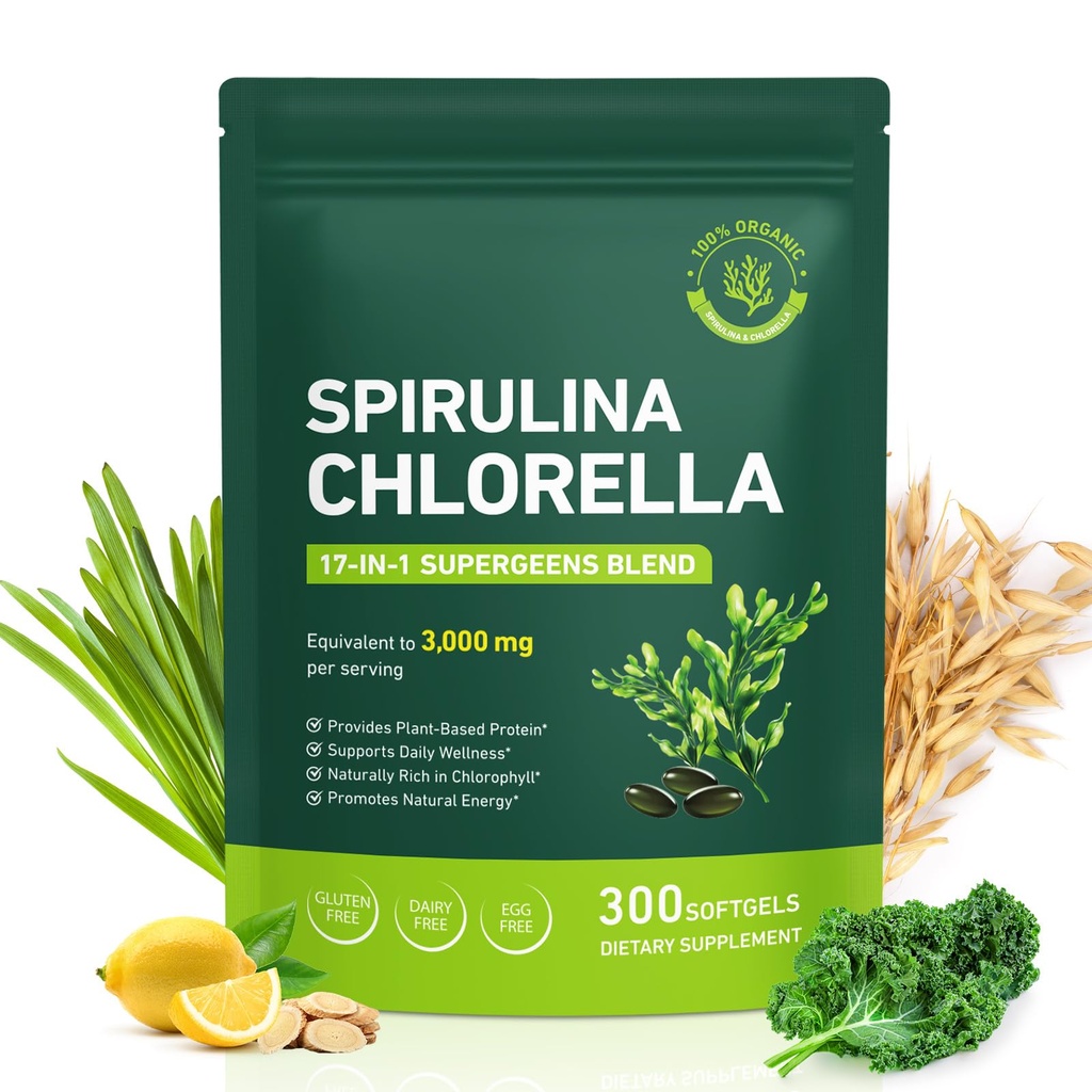 Spirulina Chlorella 캡슐 3100mg – Vegan Green Superfood, 50/50 Immune 지원 및 에너지를위한 조류 혼합 – 단백질, 클로로필, 비타민 및 미네랄, 300 캡슐에 덩어리