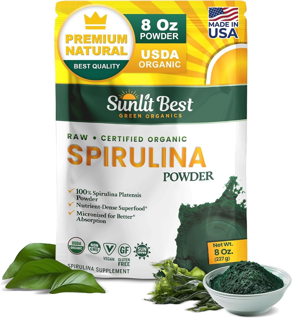Sunlit 제일 Spirulina 분말 유기 USDA - Chlorophyll, 빠른 흡수, 파란 녹색 Spirulina 조류, 익지않는 Vegan 단백질 - 비 GMO, 글루텐 자유로운 Superfood 에너지, Gut, 면역력 지원 보충교재 - 8개 Oz