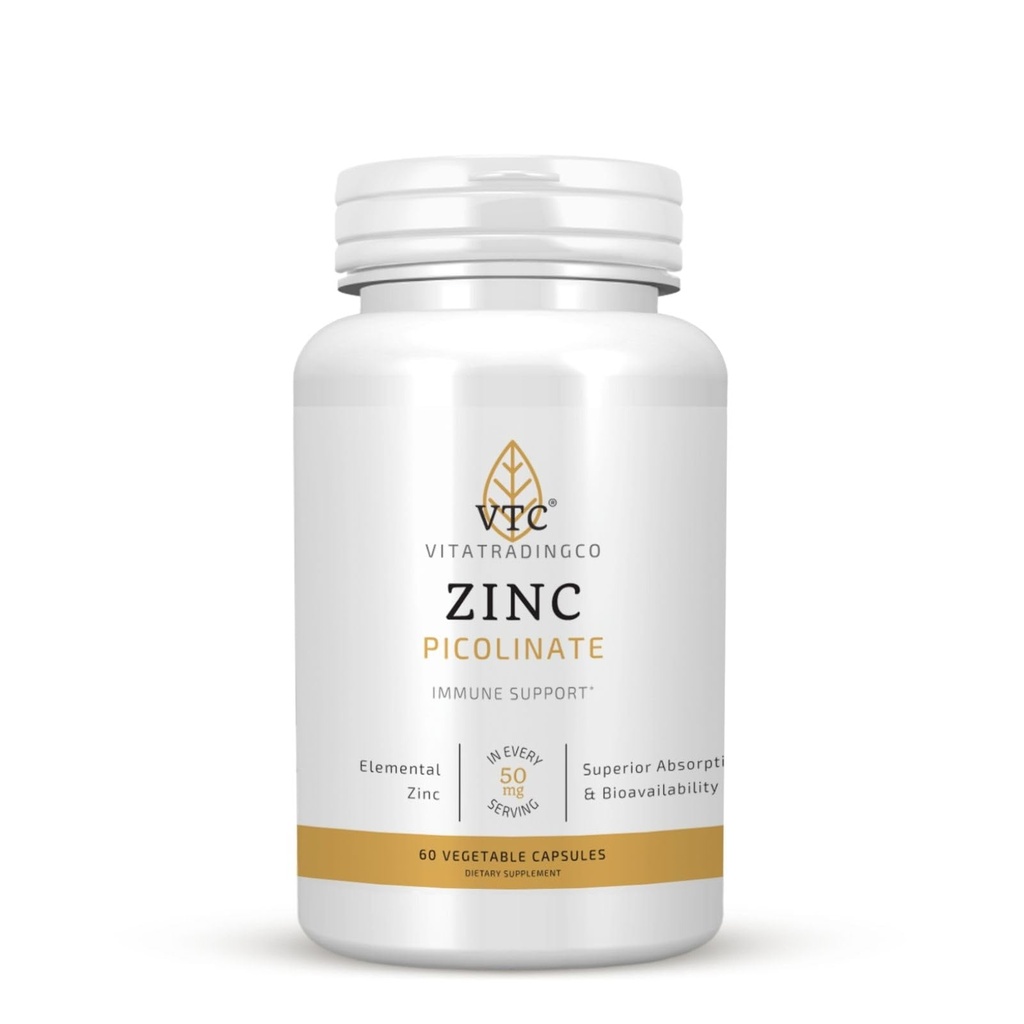 VTC VitaTradingCo. 아연 Picolinate | 50mg 요소 아연 | 고 흡수성 | 면역력 강화 지원 | 피부 건강 및 세포 기능 | 60 Veggie 캡슐